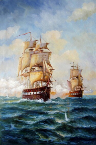 绘画 标题为“Naval battle 107” 由Lermay Chang, 原创艺术品, 油 安装在木质担架架上