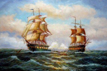 绘画 标题为“Naval battle 112” 由Lermay Chang, 原创艺术品, 油 安装在木质担架架上