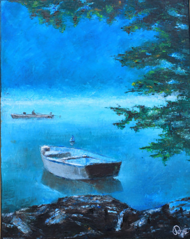Painting titled "BRUME SUR LE LAC #a…" by Dominique Creuzet, Original Artwork, Oil