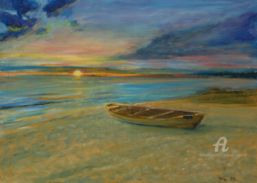 Pittura intitolato "Einsames Boot" da Jadwiga Rudnicka, Opera d'arte originale, Olio