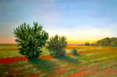 Landscape oil painting on canvas, Trees on Poppy field Peinture intitulée "Landscape oil paint…" par Iryna Mykhailenko, Œuvre d'art originale, Huile