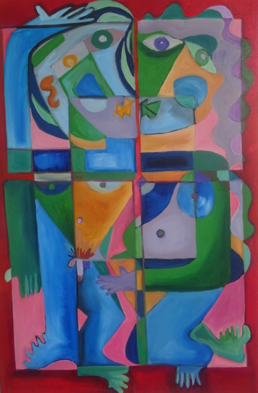 Schilderij getiteld "COUPLE EN 4 RECTANG…" door Luc Lebon (luk), Origineel Kunstwerk, Olie
