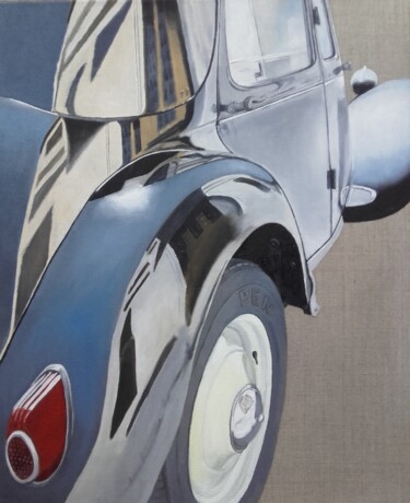 Schilderij getiteld "Ah ! Traction ?" door Pen, Origineel Kunstwerk, Olie Gemonteerd op Frame voor houten brancard
