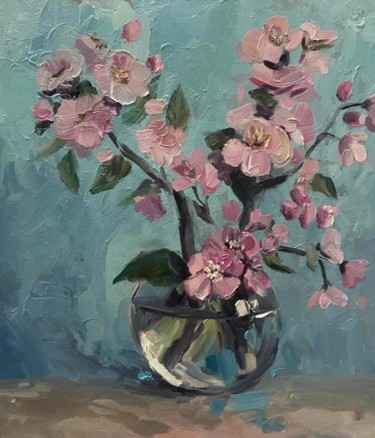 Painting titled "Ветка яблони" by Anastasia Kolesnikova, Original Artwork, Oil Mounted on Other rigid panel