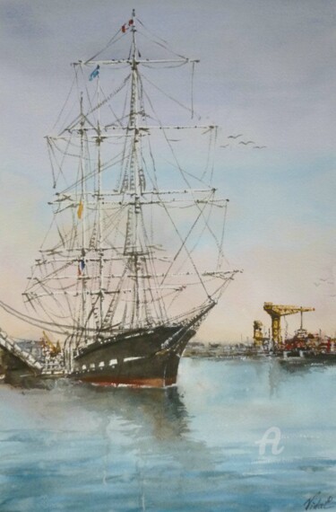 Peinture intitulée "Le Belem a quai" par Philippe Vidal, Œuvre d'art originale, Aquarelle