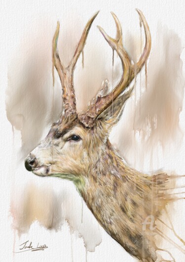 Schilderij getiteld "Swamp deer" door Jack Luo, Origineel Kunstwerk, Aquarel