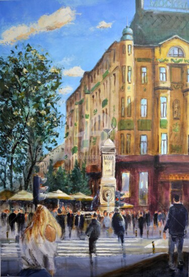 Terazije Square And Hotel Moskva Belgrade 50x70cm Peinture intitulée "Terazije Square And…" par Nenad Kojić, Œuvre d'art originale, Acrylique Monté sur Châssis en bois