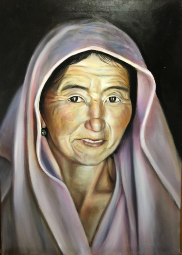 Painting titled "Woman with pink sca…" by Jennie Smallenbroek, Original Artwork, Oil