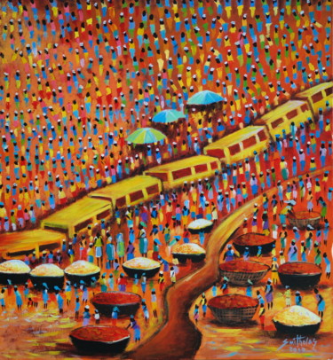 Schilderij getiteld "Busy Lagos Market" door Olaoluwa Smith, Origineel Kunstwerk, Acryl