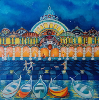 La petite ville enchantée 30x30 cm Painting titled "La petite ville enc…" by Place Aux Rêves, Original Artwork, Oil Mounted on Wood Stretcher frame