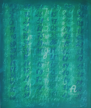 Small green field with numbers Schilderij getiteld "Small green field w…" door Anastasia Vasilyeva, Origineel Kunstwerk, Acryl Gemonteerd op Frame voor hou…