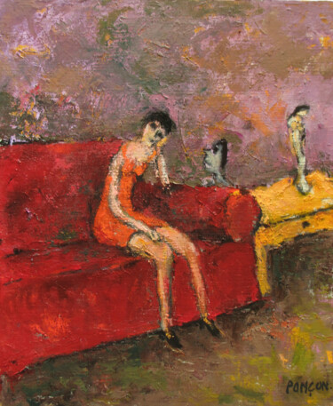 绘画 标题为“Dame sur canapé” 由Alain Ponçon, 原创艺术品, 油 安装在木质担架架上