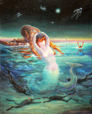 Painting titled "Le Baiser de la Sir…" by Henri Eisenberg, Original Artwork, Acrylic Mounted on Wood Stretcher frame