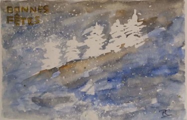 Peinture intitulée "carte sapins blancs" par Pascale Coutoux, Œuvre d'art originale, Aquarelle