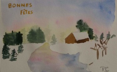 chalet enneigé#artistsupportpledge Painting titled "chalet enneigé#arti…" by Pascale Coutoux, Original Artwork, Watercolor