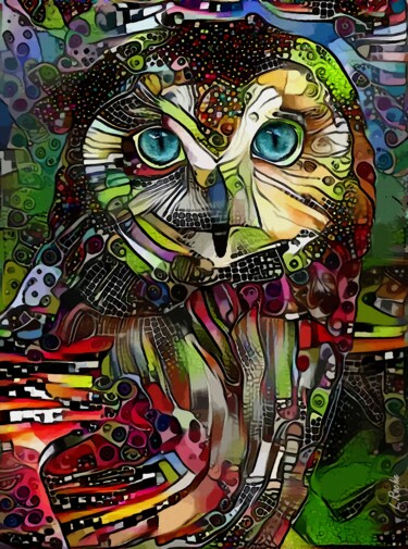 Janet la chouette - Owl - mix media on panel