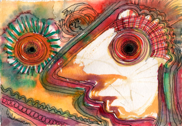 Pintura intitulada "Mulher vigiando" por Luís Soares, Obras de arte originais, Aquarela