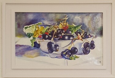 Painting titled "Cueillette de cassis" by Gerard Dessertine, Original Artwork, Oil Mounted on Wood Stretcher frame