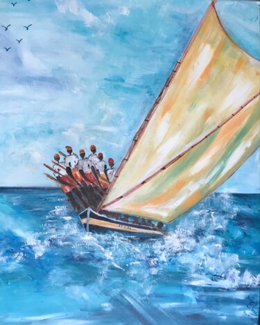 Malerei mit dem Titel "Yole bleue" von Isabelle Villena, Original-Kunstwerk, Acryl Auf Keilrahmen aus Holz montiert