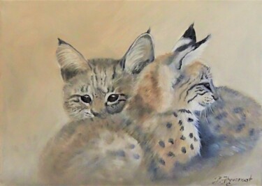 deux petits lynx - peinture huile sur toile originale signée 绘画 标题为“deux petits lynx -…” 由Patricia Giroldini Hyvernat, 原创艺术品, 油 安装在木质担架架上
