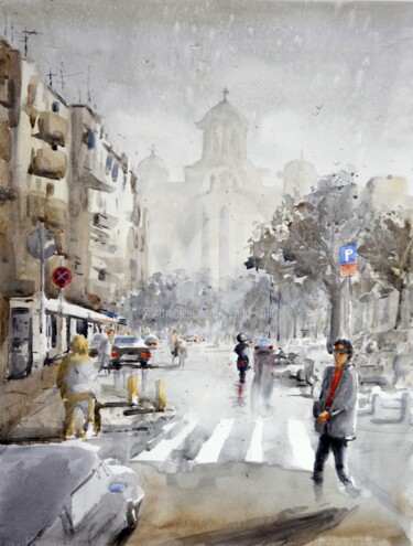 Kosovska street Belgrade 62 H x 47 W x 0.2 cm Peinture intitulée "Kosovska street Bel…" par Nenad Kojić, Œuvre d'art originale, Aquarelle