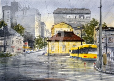 Kiša na trgu Slavija / Rain on Slavija square Peinture intitulée "Kiša na trgu Slavij…" par Nenad Kojić, Œuvre d'art originale, Aquarelle