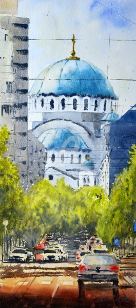 Street To St. Sava Church Belgrade 23x54cm Peinture intitulée "Street To St. Sava…" par Nenad Kojić, Œuvre d'art originale, Aquarelle