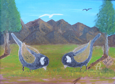Peinture intitulée "mésanges noires" par Ahmed Fertat, Œuvre d'art originale, Huile