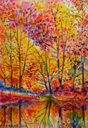 Autumn forest reflections #artistsupportpledge 제목이 "Autumn forest refle…"인 미술작품 Maja Grecic로, 원작, 수채화