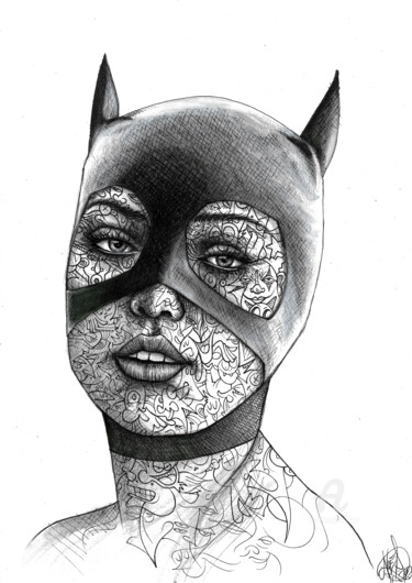 图画 标题为“Cat Woman inked” 由Art De Noé, 原创艺术品, 墨