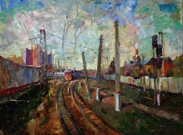 Painting titled "Станция Крюково, Зе…" by Nina Silaeva, Original Artwork, Oil Mounted on Wood Stretcher frame