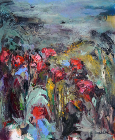 Painting titled "Là où fleurissent l…" by Catherine Duchêne, Original Artwork, Oil Mounted on Wood Stretcher frame