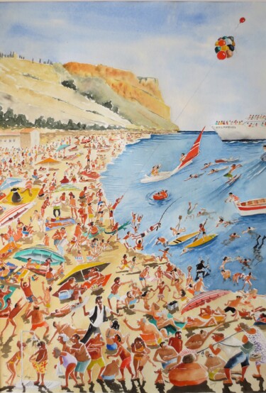 Painting titled "Cassis , la plage" by Jean Marie Lecoix, Original Artwork, Watercolor
