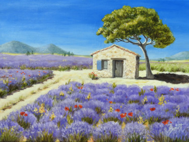 Painting titled "Le cabanon au champ…" by Brigitte Dumont, Original Artwork, Acrylic