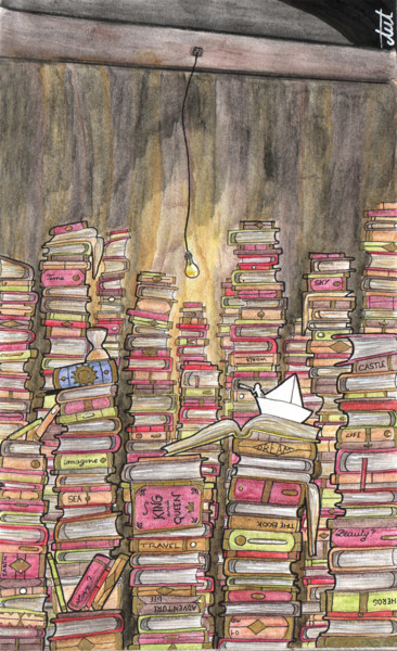 제목이 "Old library"인 그림 Antoine Aizier로, 원작, 수채화