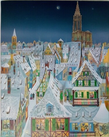 LA VILLE ENDORMIE Peinture intitulée "LA VILLE ENDORMIE" par Bernard Ambielle, Œuvre d'art originale, Huile