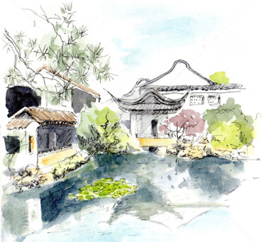 Dessin intitulée "Jardin du maître de…" par Anne-Marie Mary, Œuvre d'art originale, Aquarelle