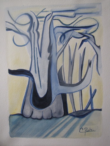 Painting titled "L'arbre de Merlin" by Eliane Robin, Original Artwork, Watercolor Mounted on Wood Stretcher frame