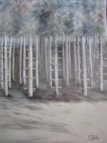 Painting titled "La sapinière" by Eliane Robin, Original Artwork, Watercolor Mounted on Wood Stretcher frame