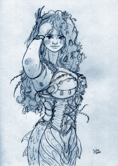Dessin intitulée "La sirène" par Julien Cachemaille, Œuvre d'art originale, Crayon