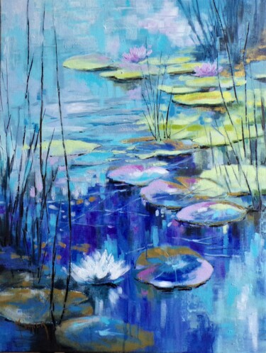 Peinture intitulée "Nympheas en bleu" par Cathy Monnier, Œuvre d'art originale, Acrylique