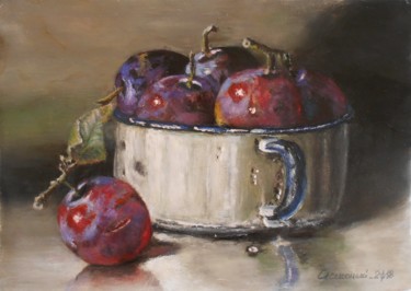still life with plums Peinture intitulée "still life with plu…" par Leszek Gaczkowski, Œuvre d'art originale, Huile