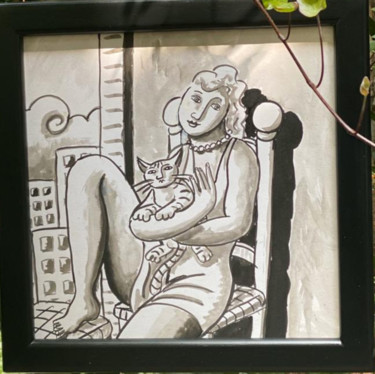 Dessin intitulée "woman and cat" par Jacques Tange, Œuvre d'art originale, Encre