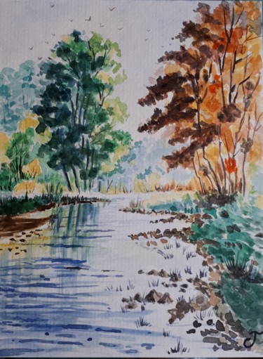 Peinture intitulée "l'étang dans la ver…" par Chris Texier, Œuvre d'art originale, Aquarelle