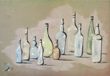 Painting titled "bouteilles" by X.O., Original Artwork, Oil Mounted on Wood Stretcher frame