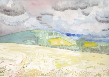 Peinture intitulée "campagne sous l'ora…" par Pascale Coutoux, Œuvre d'art originale, Aquarelle