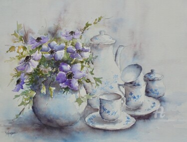 Painting titled "Anémones mauves et…" by Marie-Charlotte Houpeurt-Chauffeté, Original Artwork, Watercolor