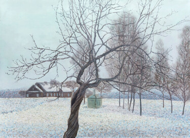 Winter in Dusetos 제목이 "Winter in Dusetos"인 미술작품 Natalie Levkovska로, 원작, 기름 나무 들것 프레임에 장착됨