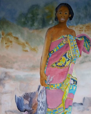 Peinture intitulée "femme aux pintades" par Pascale Coutoux, Œuvre d'art originale, Aquarelle