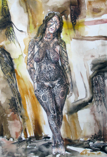 Tattooed woman 绘画 标题为“Tattooed woman” 由Zsolt Székelyhidi, 原创艺术品, 水彩